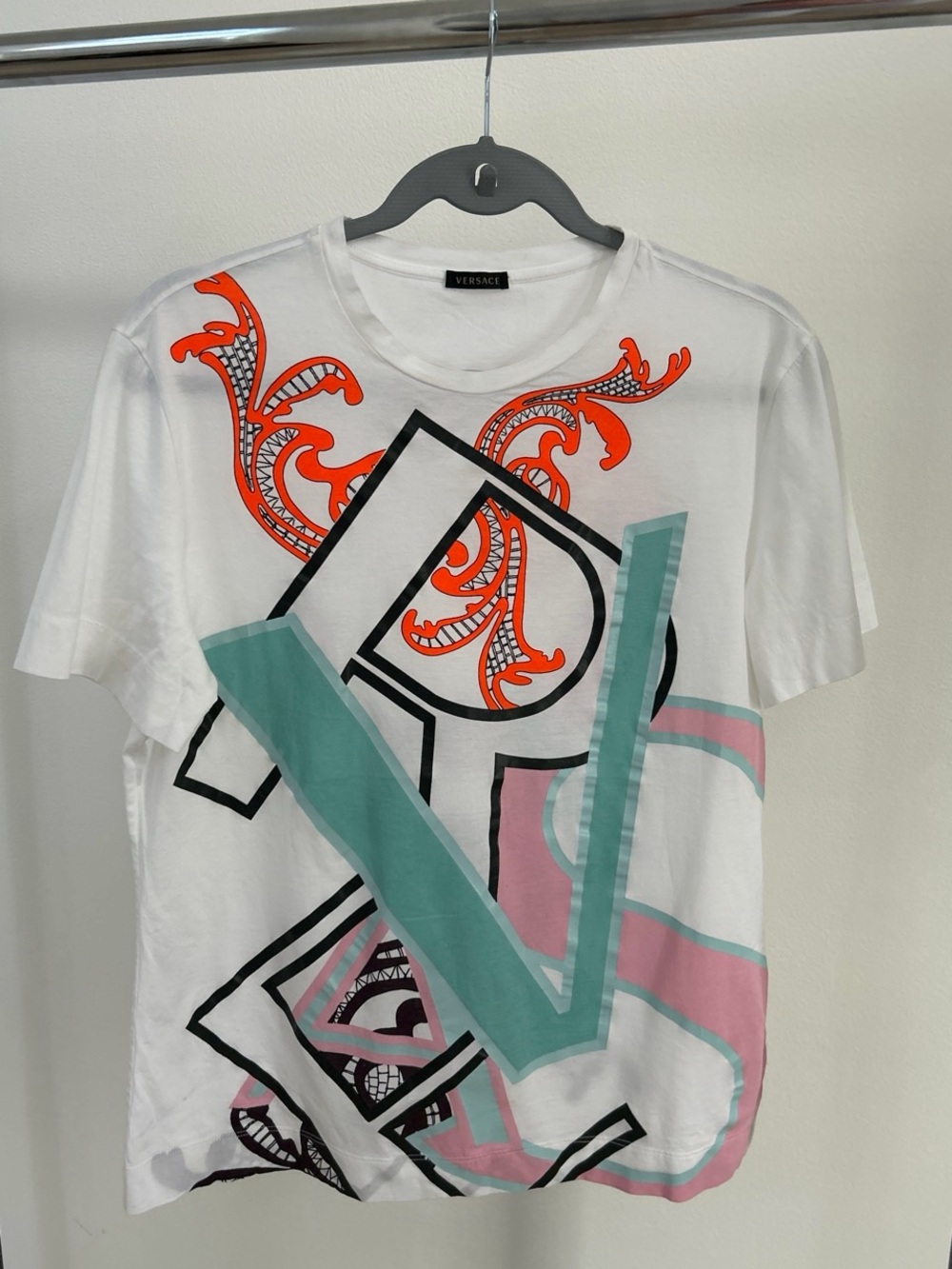 Versace White Graphic Tee with Teal, Pink & Orange Accents